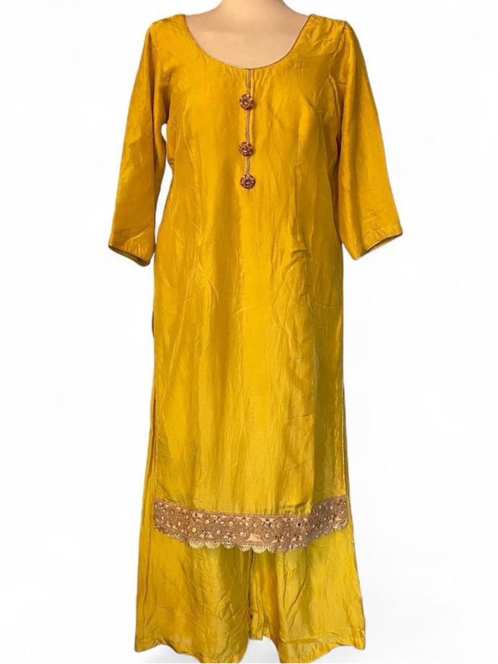 Indian Outfit Yellow 100% Silk Long Tunic with Embroidered Hem
